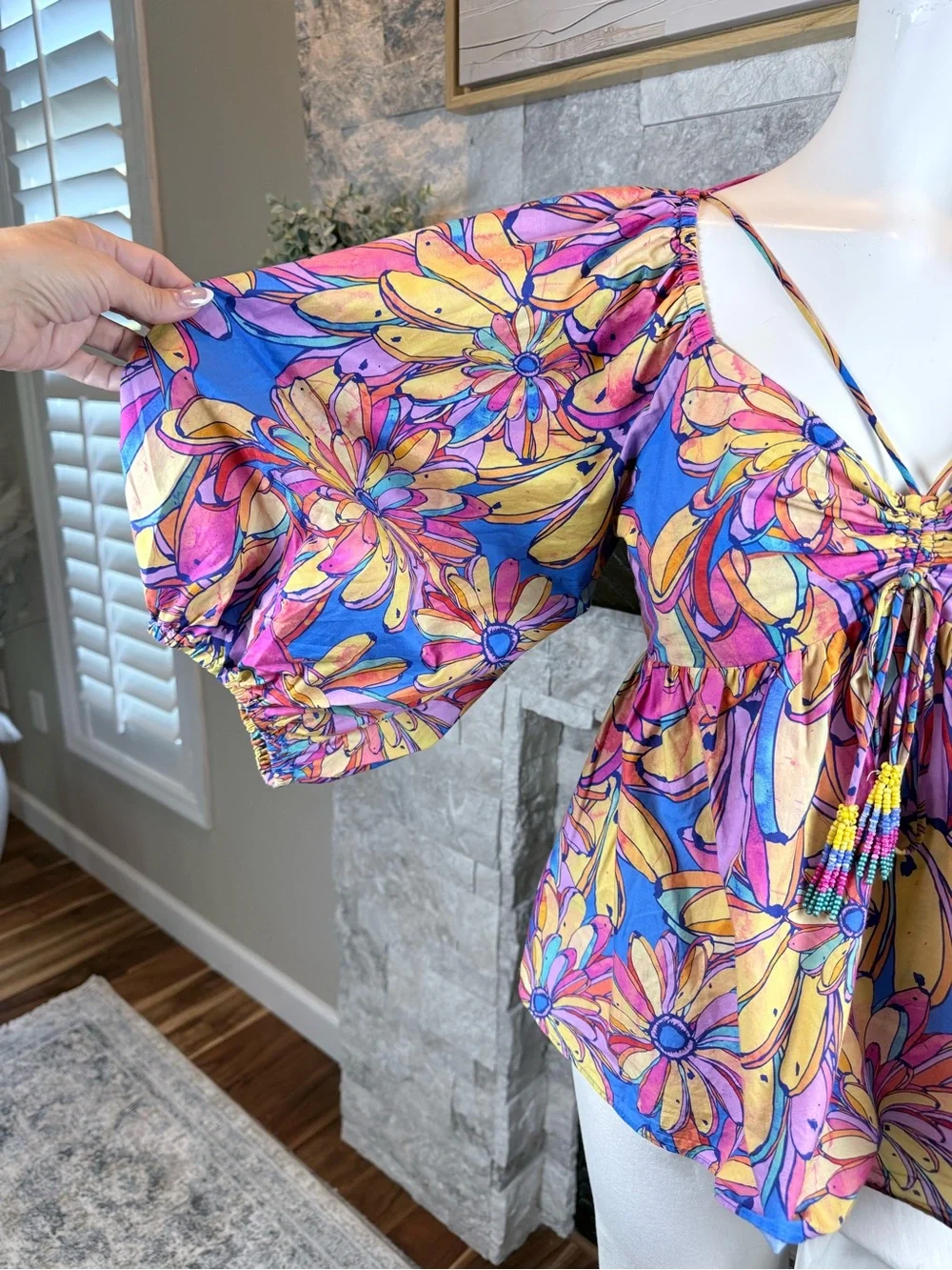 FARM Rio x Anthropologie Floral Puff Sleeve Beaded Tassel Blouse M